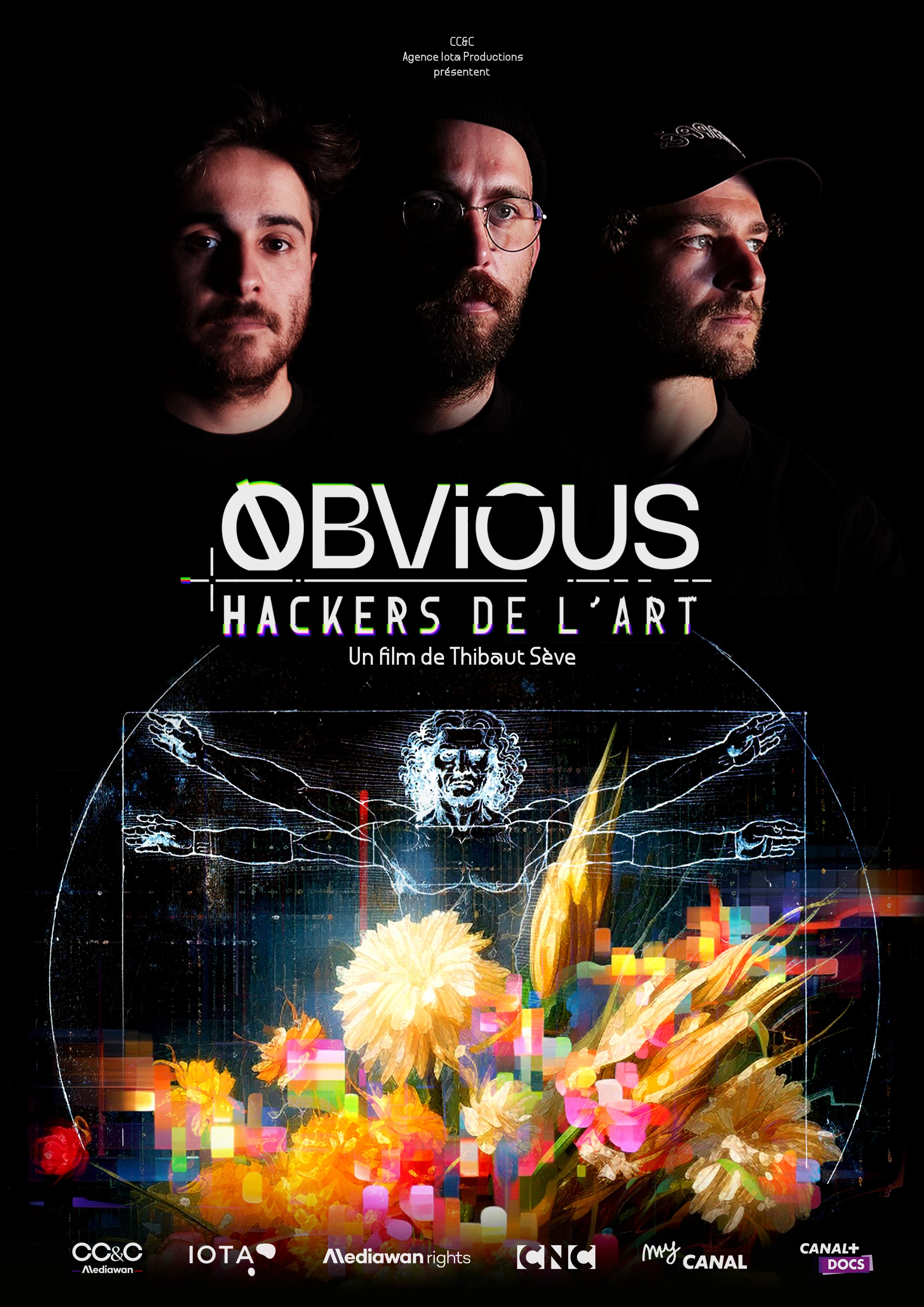Poster featuring three men at the top, the title 'Obvious Hackers de l'Art' in the center, a digital rendition of Leonardo da Vinci's Vitruvian Man with colorful flowers and digital blocks at the bottom, and various logos at the lower edge.