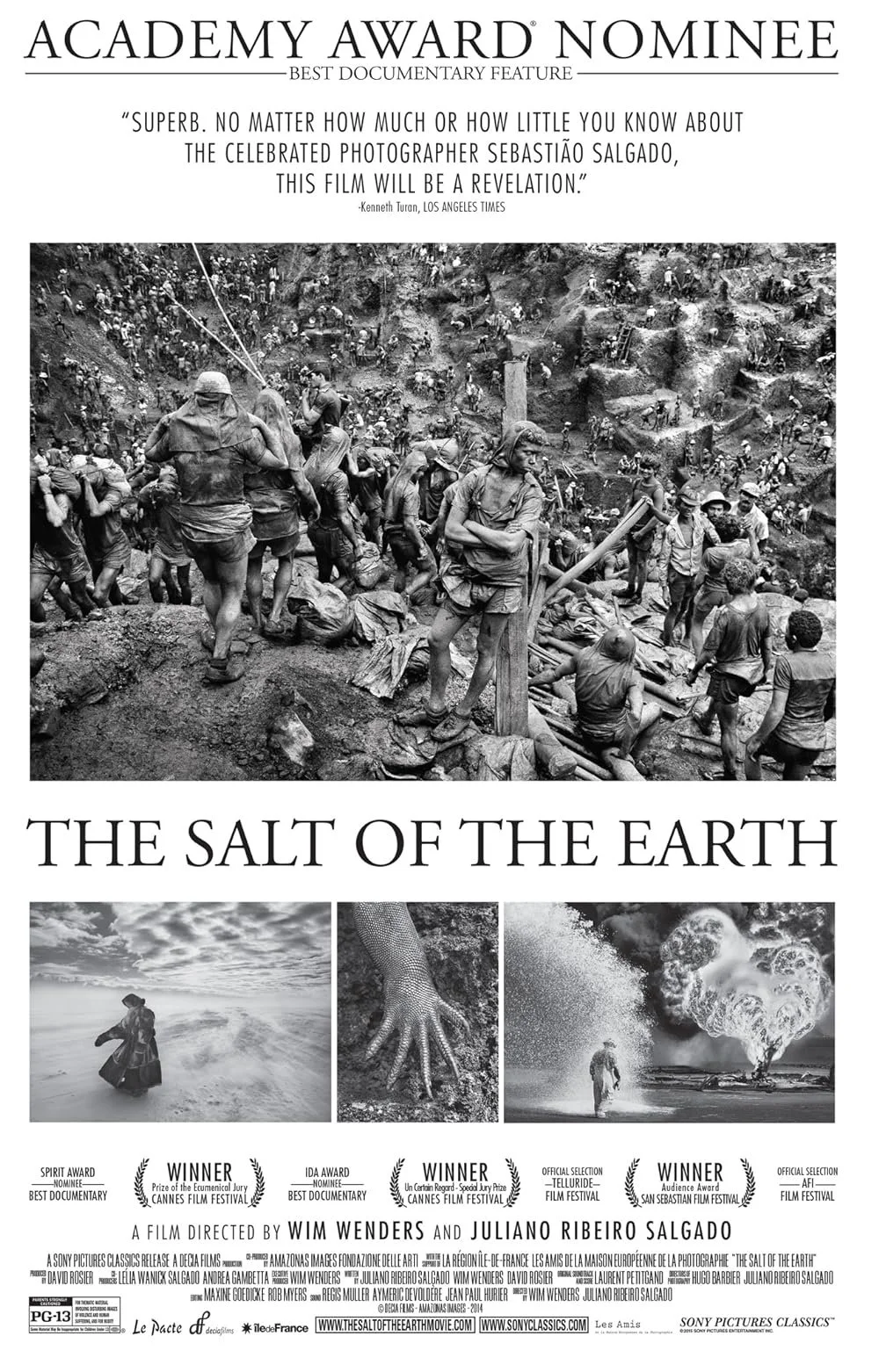 Poster for the documentary film 'The Salt of the Earth' featuring a black-and-white photo of workers or soldiers in a rugged, muddy landscape, with a quote praising the filmmaker Sebastião Salgado, and smaller photos of a person on a beach, a gecko's