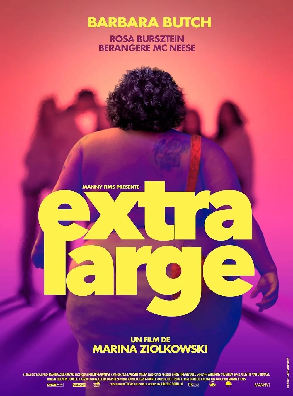 Movie poster for 'Extra Large', directed by Marina Zolkowski, featuring a woman with curly hair seen from behind, with a colorful background and silhouettes of other people.