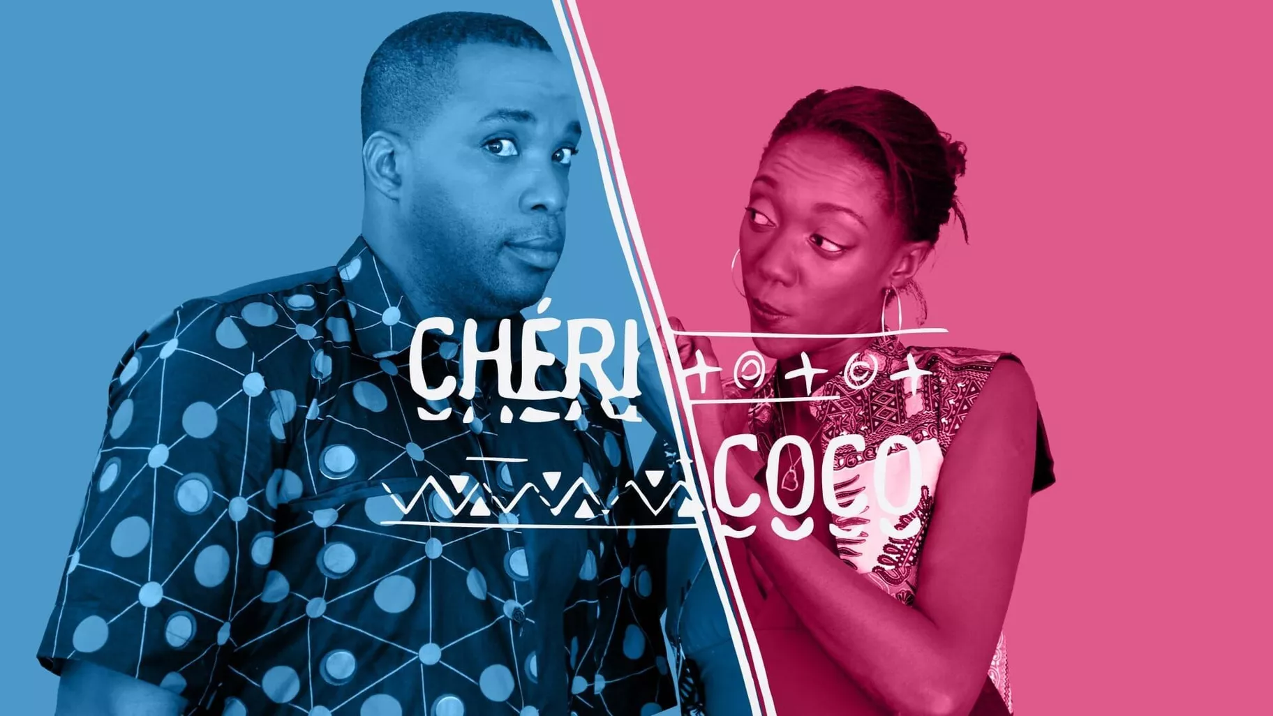 Split screen image of a man on the left with a blue background and a woman on the right with a pink background. The man is looking at the camera with a serious expression, wearing a patterned shirt. The woman is looking at the man with a skeptical ex