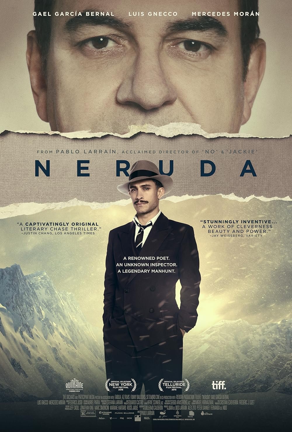 Movie poster for 'Neruda' featuring a large close-up of a man's face at the top and a full-body image of a man in a suit and hat against a mountainous background.