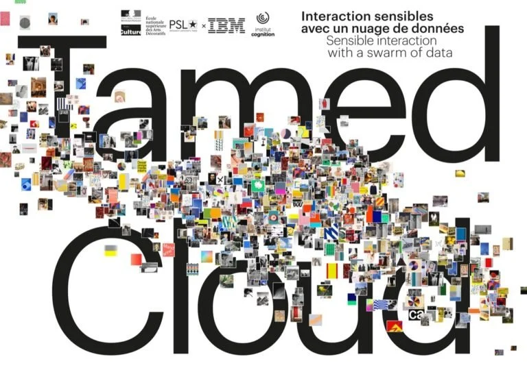 A collage of small images forming the words "amed cloud" with accompanying text in French and English discussing data interaction.