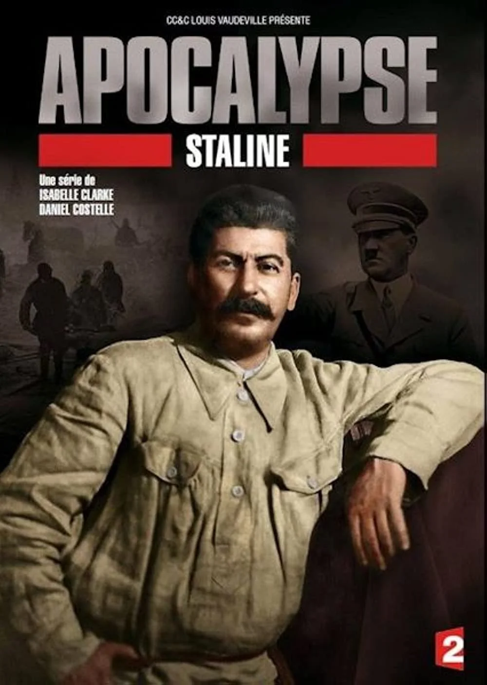 Poster for a series titled "Apocalypse Stalin" featuring a man with a dark mustache and retro attire, with a background including silhouette figures and a uniformed man, and a small logo with the number 2.