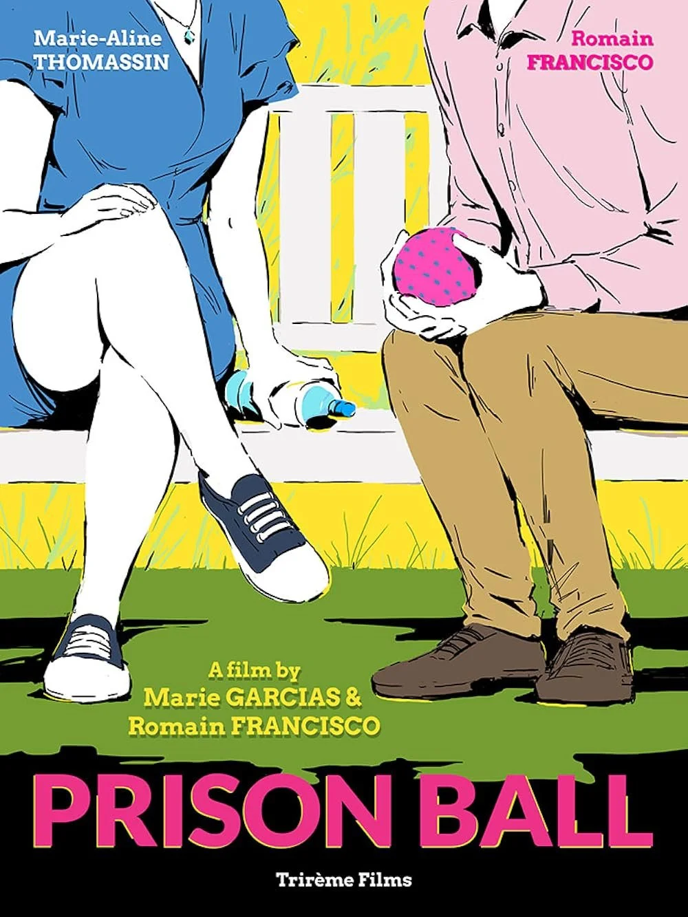 A colorful movie poster for 'Prison Ball' featuring two people sitting on steps, one holding a pink and purple ball, with text displaying the names Marie-Aline Thomassin and Romain Francisco.