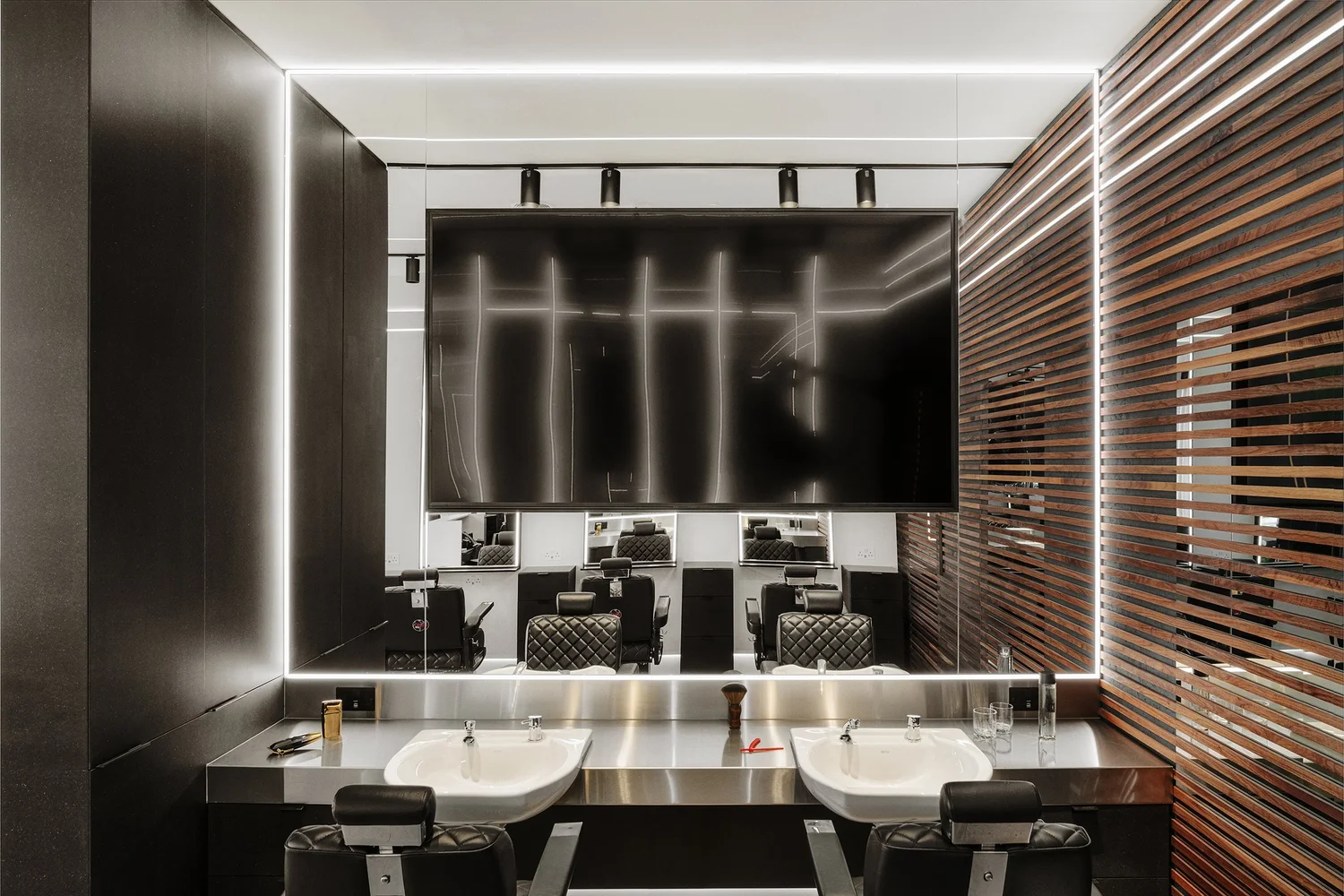 Backwash area with walnut slatted screen