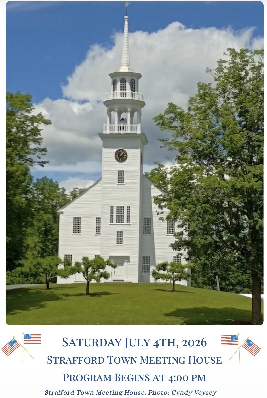 Saturday, July 4, 2026 Stratford town meeting House program begins at 4 PM