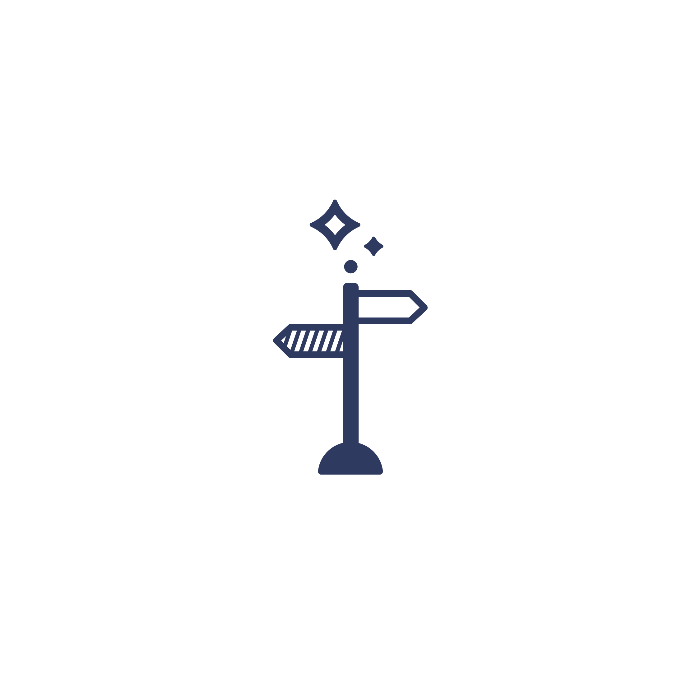 A stylized black signpost with two directional arrows, decorated with blue sparkles above it on a black background.