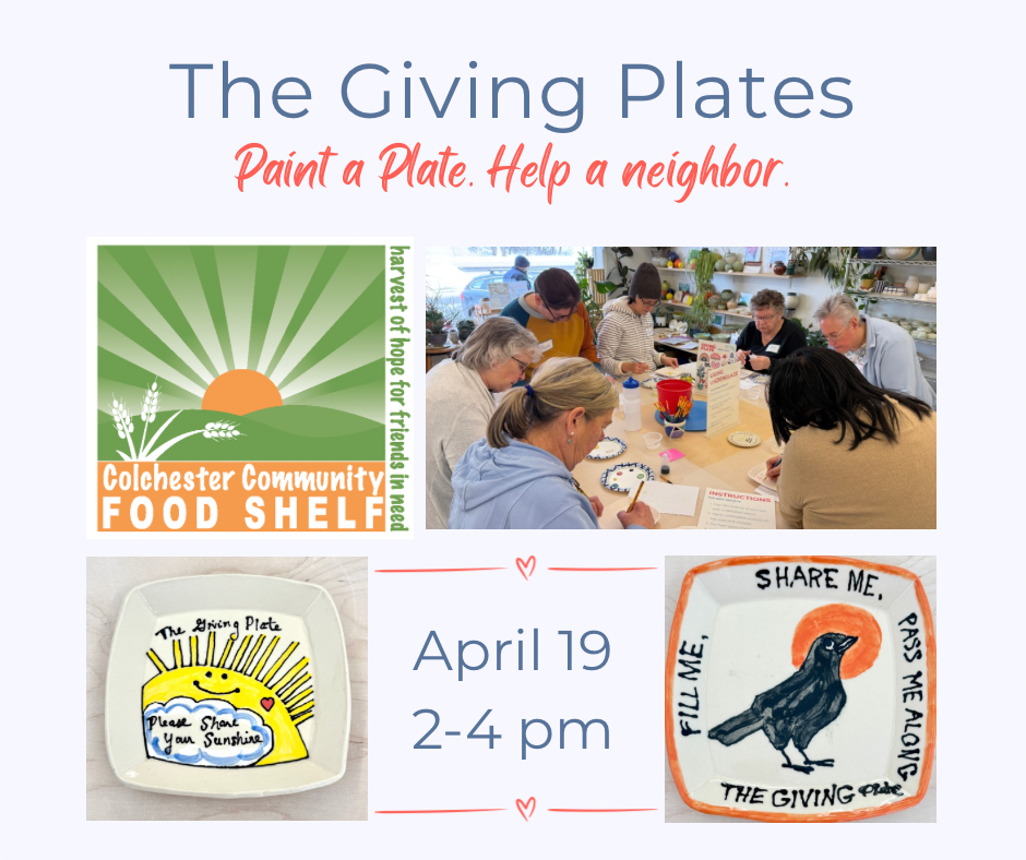 A flyer for a community event titled 'The Giving Plates' with the tagline 'Paint a Plate. Help a neighbor.' The event takes place on April 19 from 2 to 4 pm. The flyer includes images of three decorated plates with inspirational messages and a photo of people working together at a table in a craft workshop at a store or community center.