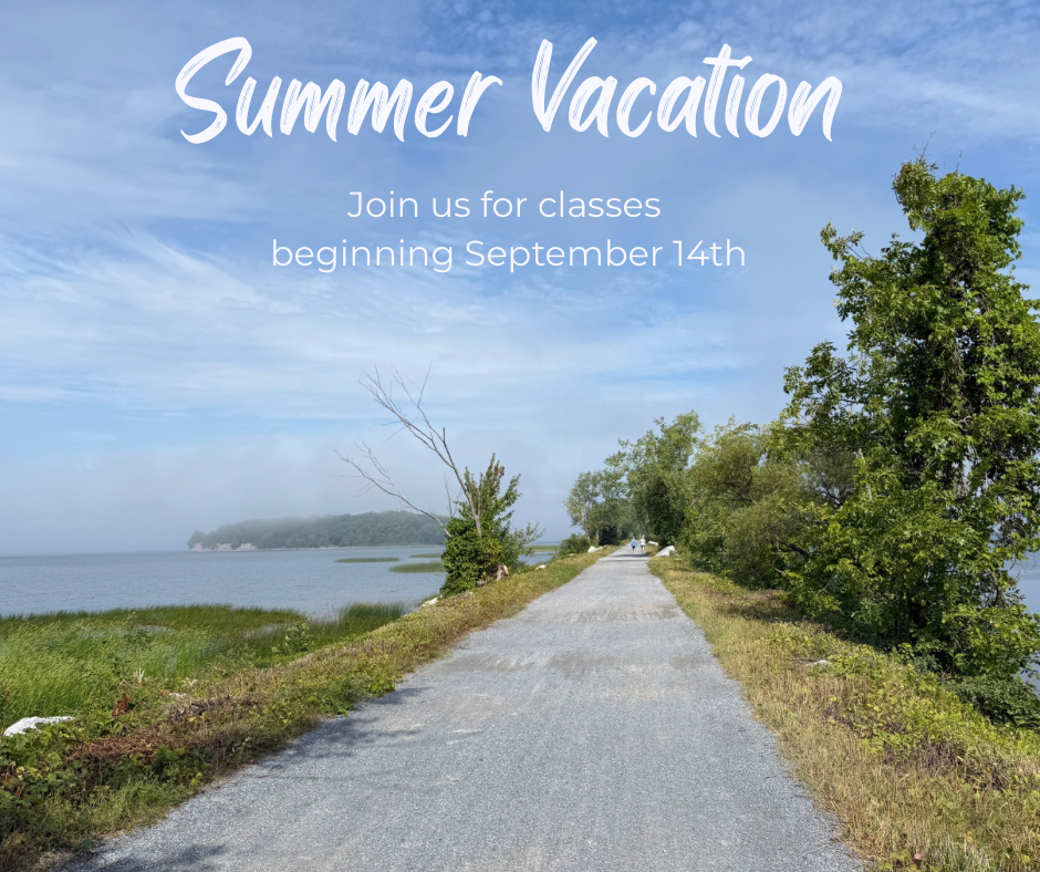 A scenic gravel pathway alongside a body of water, with trees and a blue sky with clouds, promoting summer vacation and classes starting September 14th.
