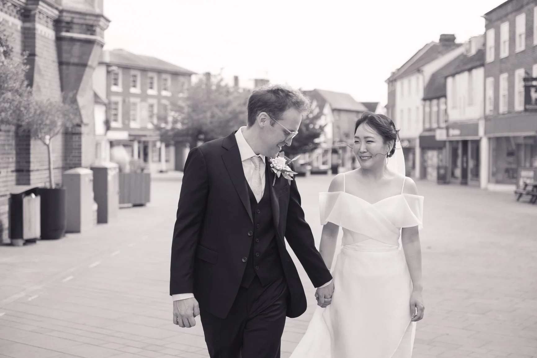 Wedding guests celebrating outside Wokingham Town Hall