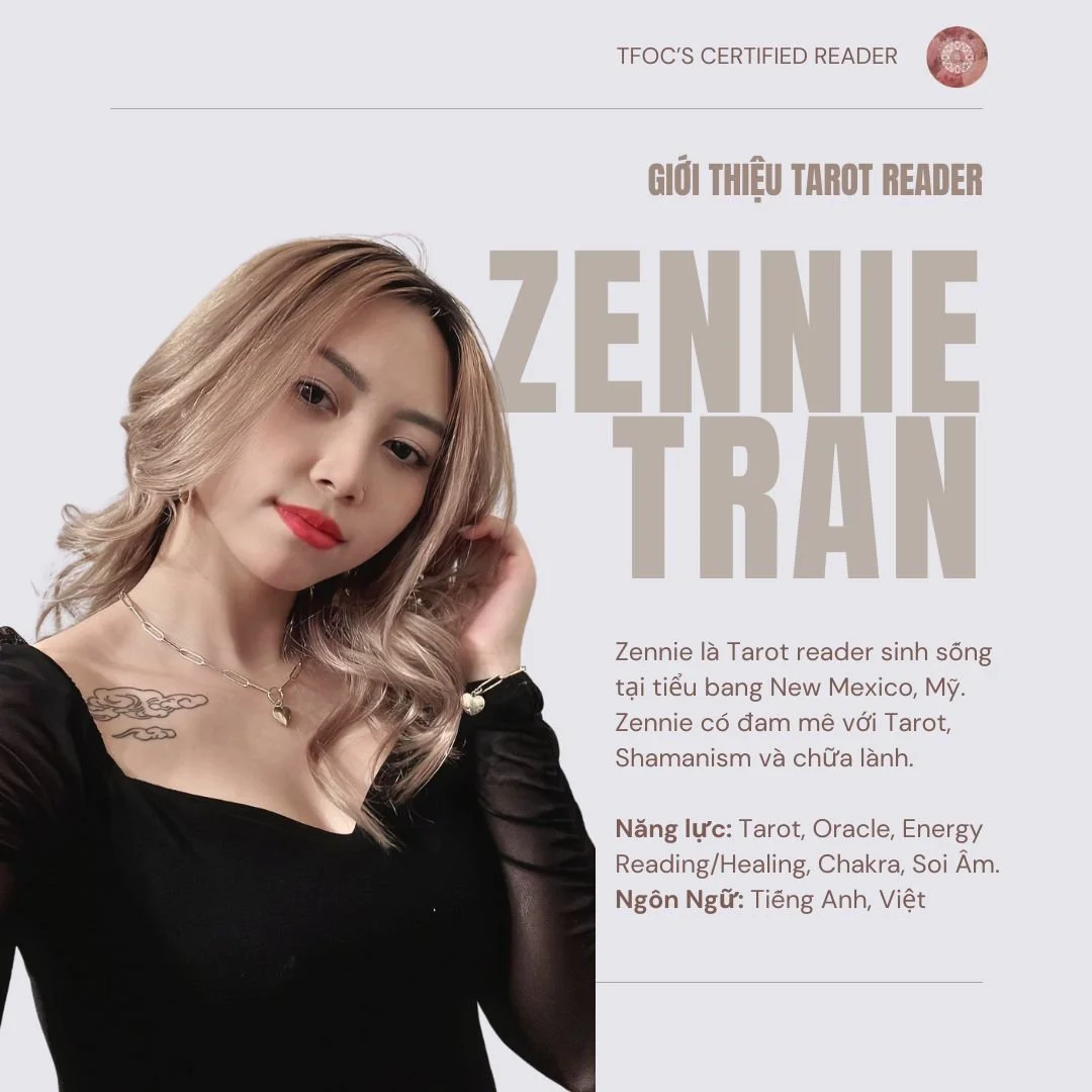 Portrait of a woman with text about a certified tarot reader named Zennie Tran, describing her interests and abilities related to tarot, oracle, energy reading/healing, and shamanism, in both Vietnamese and English.