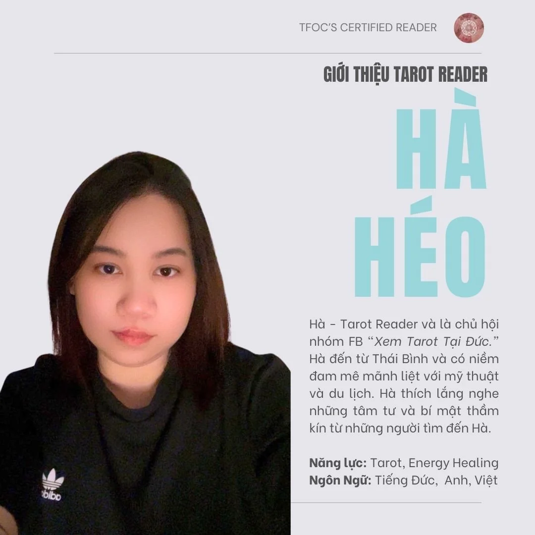 Profile image of a tarot reader named Hà, featuring text about her interests and skills in tarot and energy healing, written in Vietnamese.