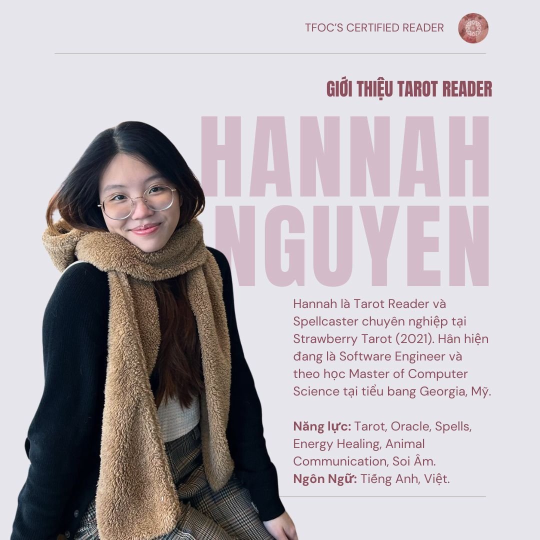 Young woman in glasses and a scarf smiling next to text about her tarot reading services, experience, and language skills in Vietnamese and English.