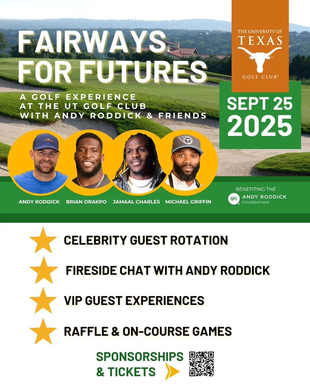 Join us on Thursday, September 25th at The UT Golf Club! 

Golf alongside Andy Roddick and special guests @orakpo98, @jamaalcharles, and @mikegriff33 to help create more opportunities for youth and families in Central Texas.

Limited teams and ticket