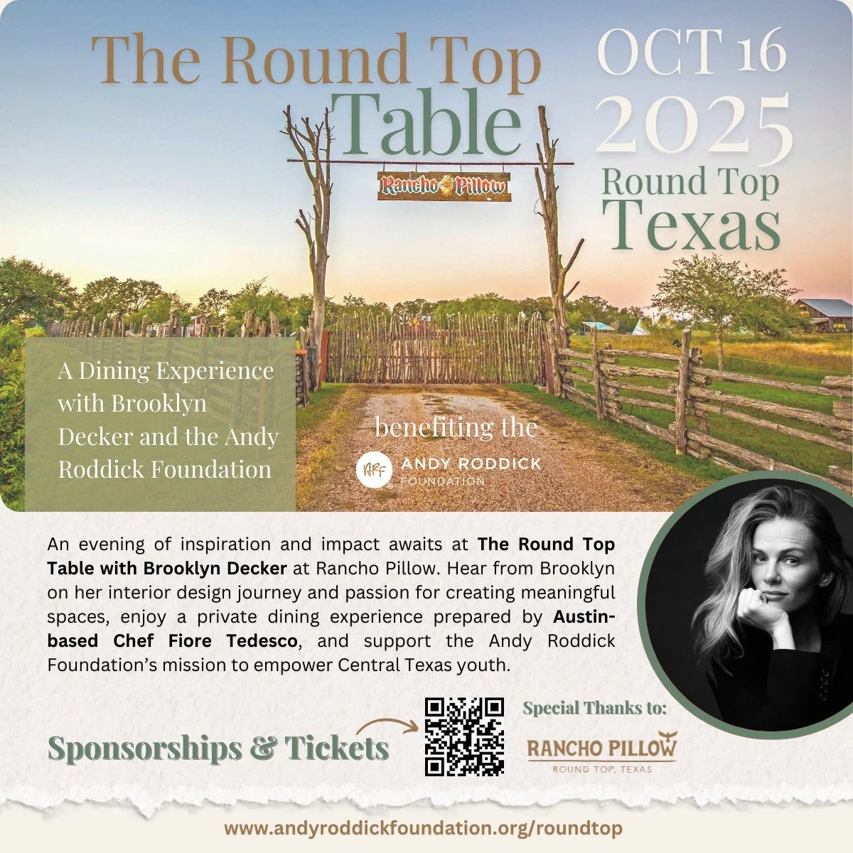 ✨ Join us for an unforgettable evening at The Round Top Table ✨

Experience an intimate night of dining, design, and inspiration with @brooklyndecker  at the magical @ranchopillow . Enjoy a curated dinner by Chef @tedescofiore  and support our missio