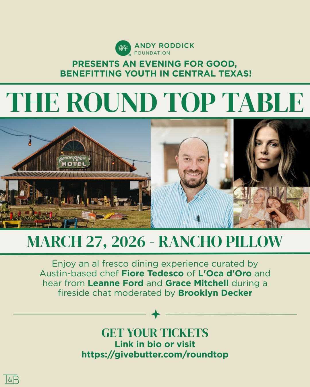 Join us for The Round Top Table on March 27 at Rancho Pillow-an unforgettable evening of community, conversation, and impact benefiting the Andy Roddick Foundation.
Enjoy an al fresco dining experience curated by chef Fiore Tedesco of L&rsquo;Oca d&r