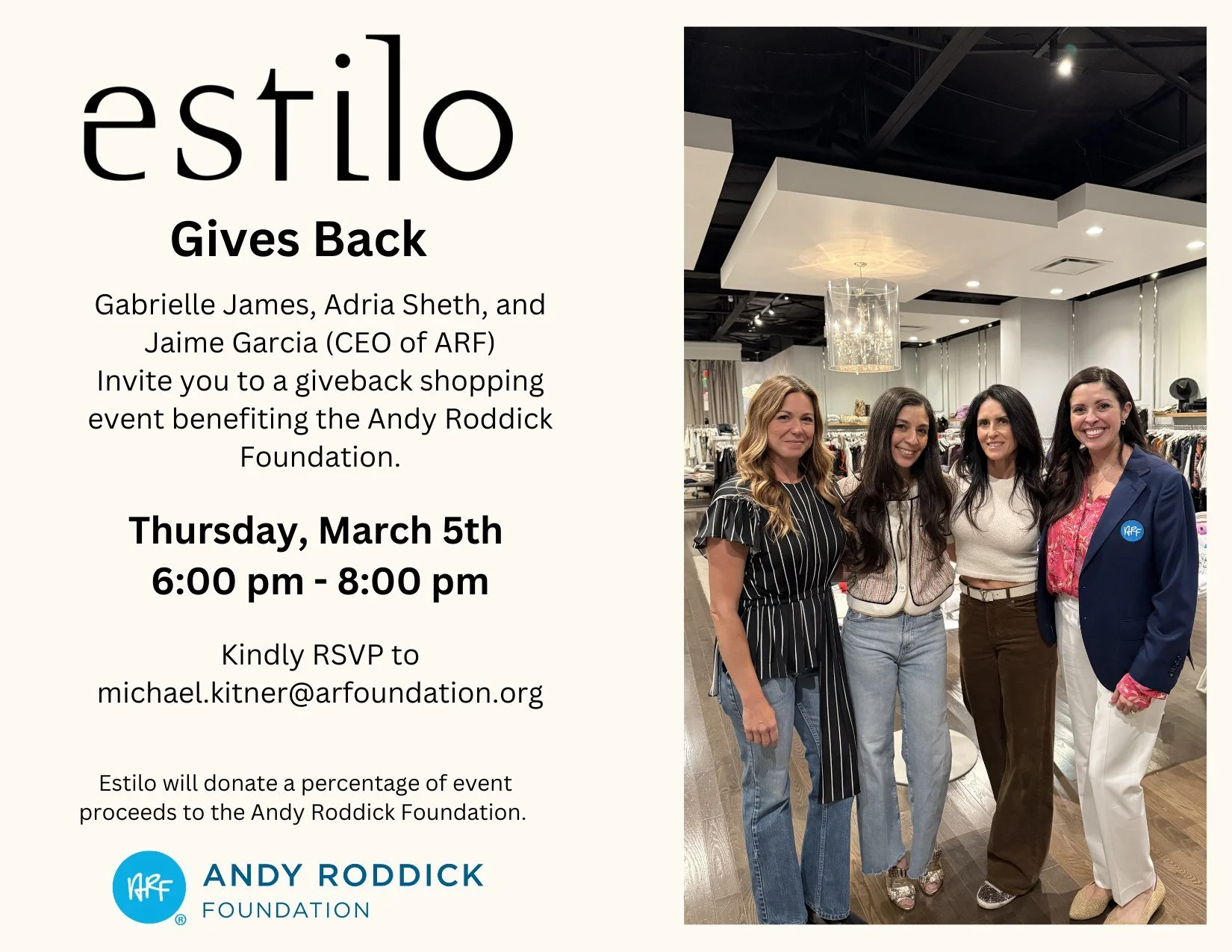 Join us at @estilo_austin Gives Back for an evening of shopping in support of the Andy Roddick Foundation. A portion of the proceeds will benefit ARF&rsquo;s after-school and summer programs for kids across Central Texas.

Grab a friend, sip, shop, a