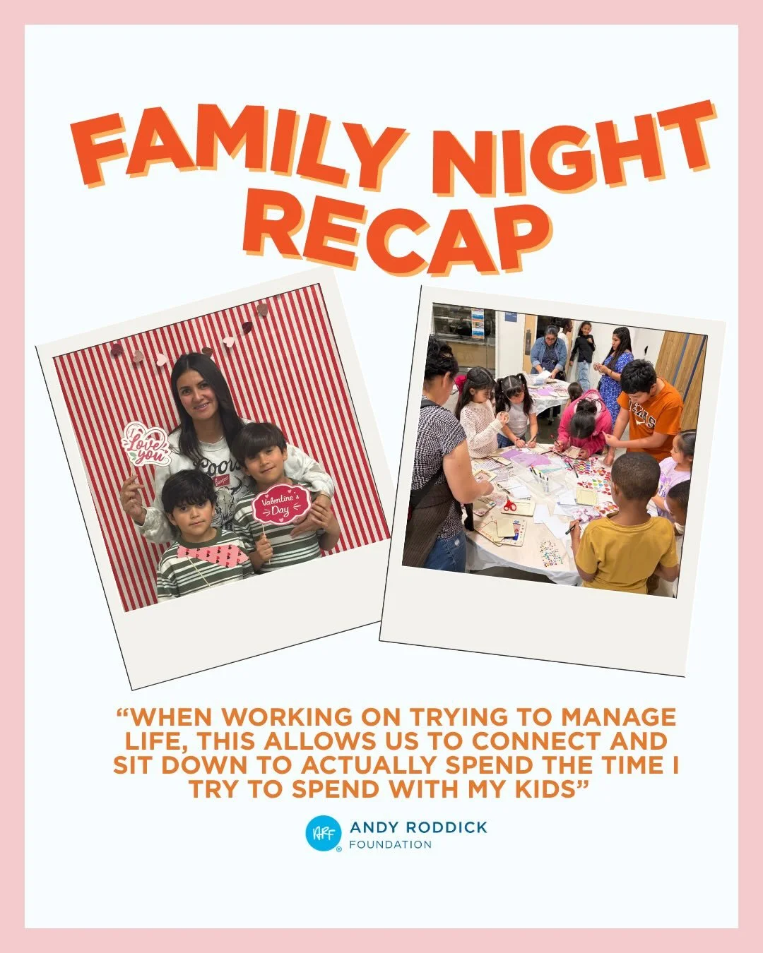 February Family Night Recap! ⭐️

Last month, ARF families came together for a special night full of creativity, connection, and community. From capturing memories at our photo backdrop to decorating picture frames, making bracelets, and cookie decora