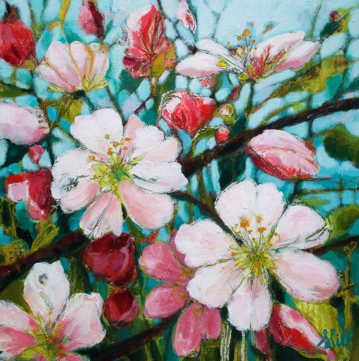 WIth A Blossom On Top; 12" x12"; Mixed Media on Panel, SOLD