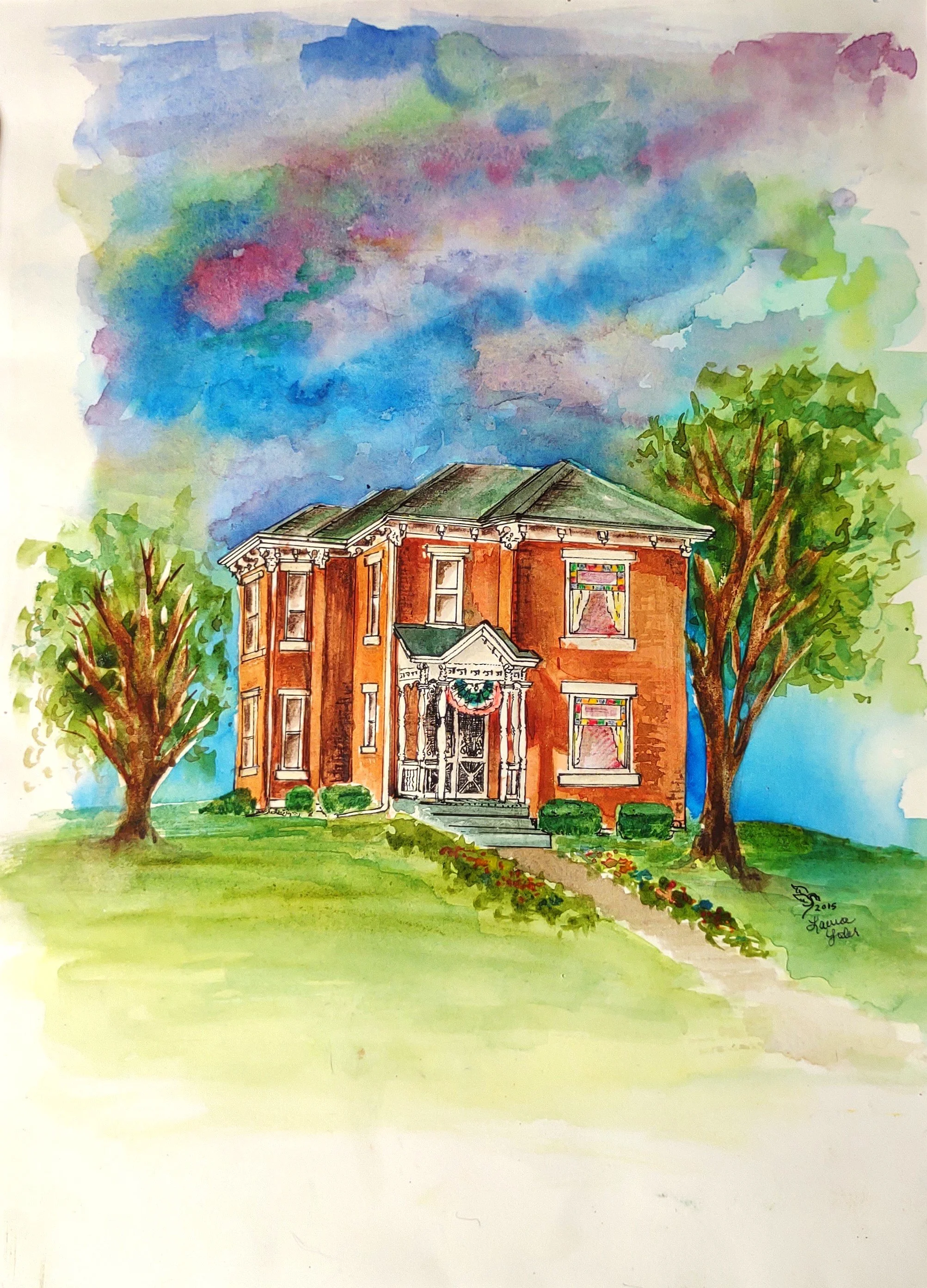 watercolor painting of victorian house on a hill of green grass delphos ohio