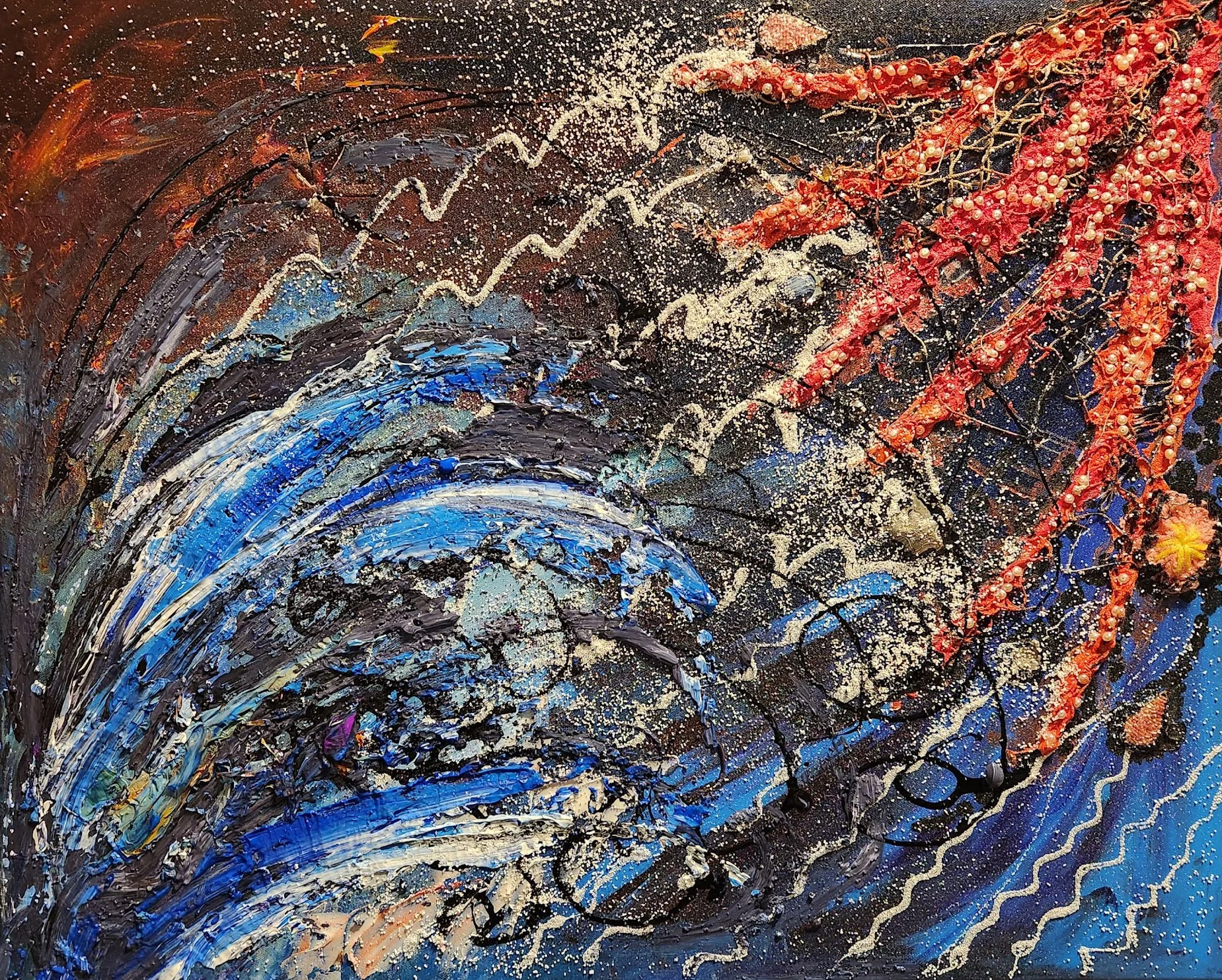 acrylic painting using blues and oranges showing emotion and confusion