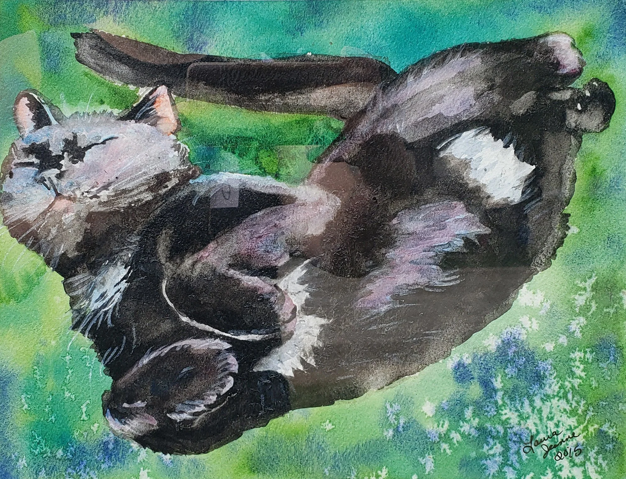 watercolor painting of black cat lounging in the sun