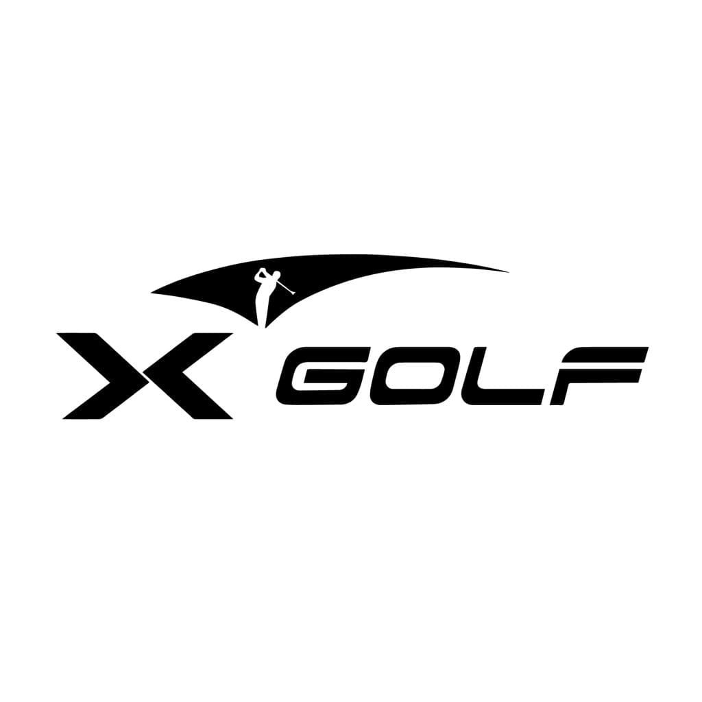 Black and white logo for X Golf with a stylized person swinging a golf club inside a curved shape above the text.