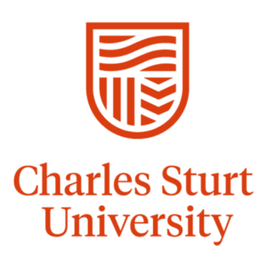 Charles Sturt University logo with a shield emblem and the university's name in orange.