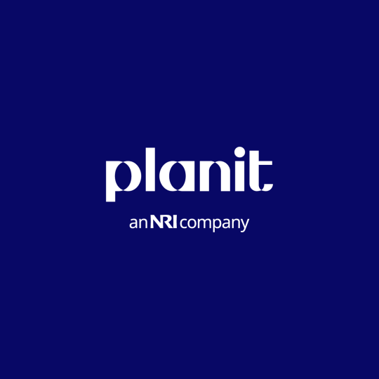 Logo of Planit, an NRI company, on a dark blue background.