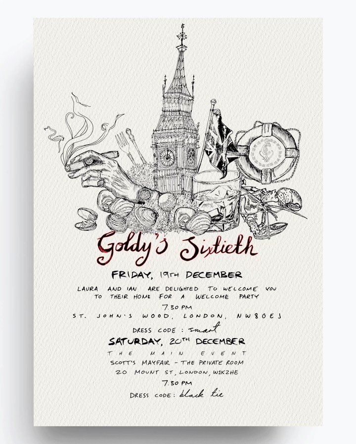 The art of the invite ✨ Adored collaborating on the invite for the Goldy&rsquo;s 60th, scheduled to be celebrated in South West London last year. For the collateral, with the help of his magical wife Hannah, we created a special sentimental piece to 