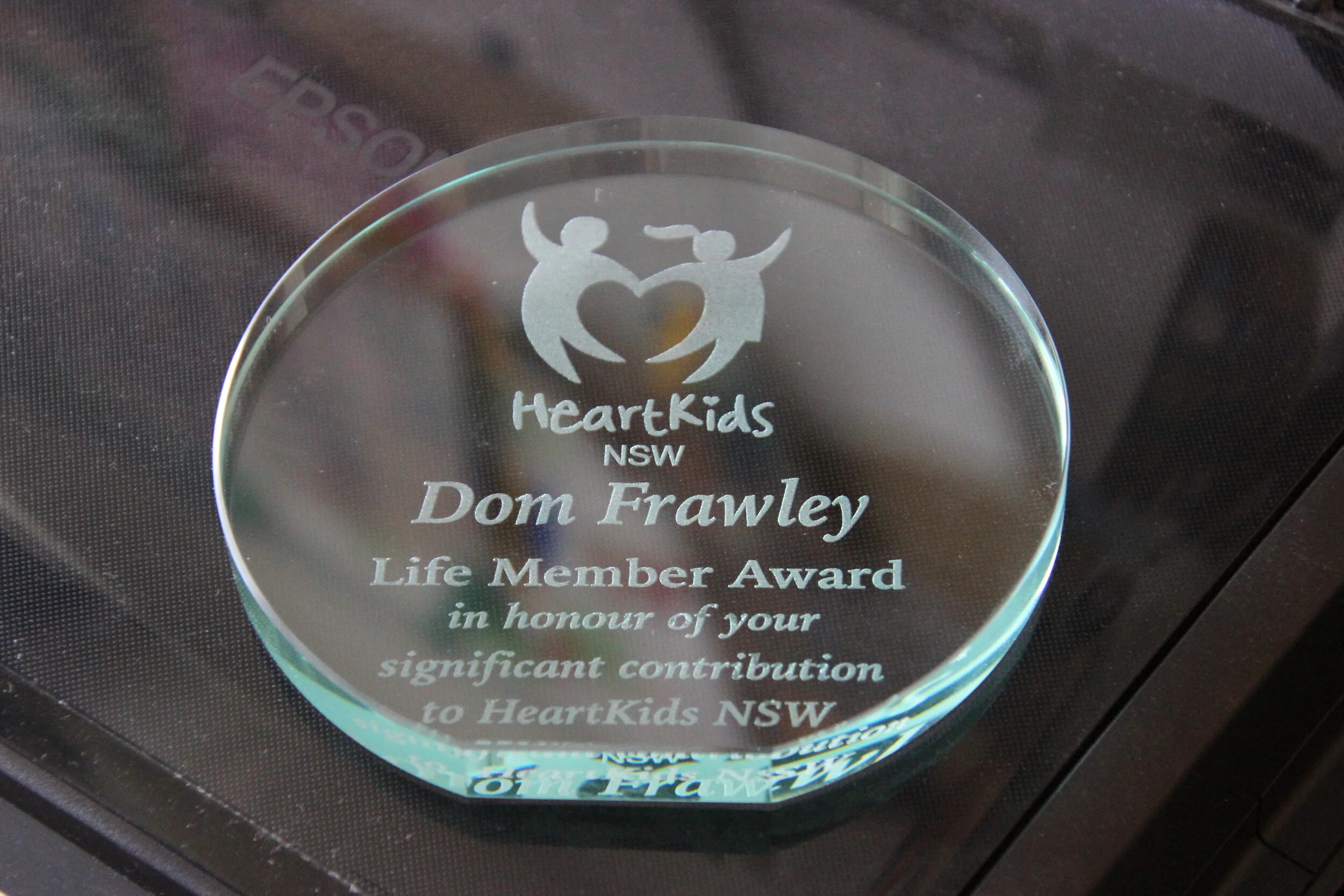 Dom's honorary life membership plaque from HeartKids