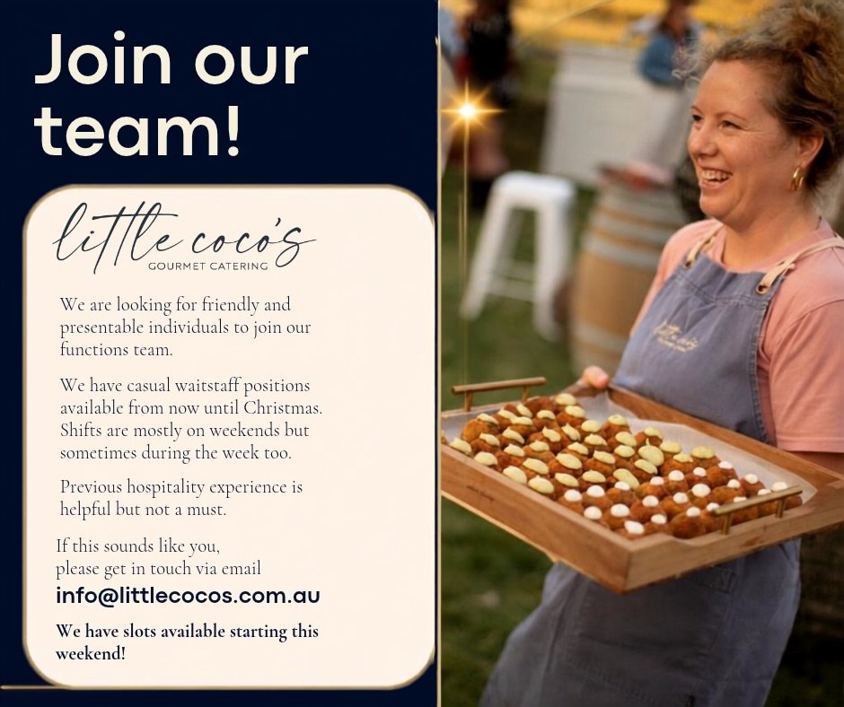 Join our team! 

Get in touch asap as we have slots available this weekend! 

#hiring #armidale #staff #events #functionstaff