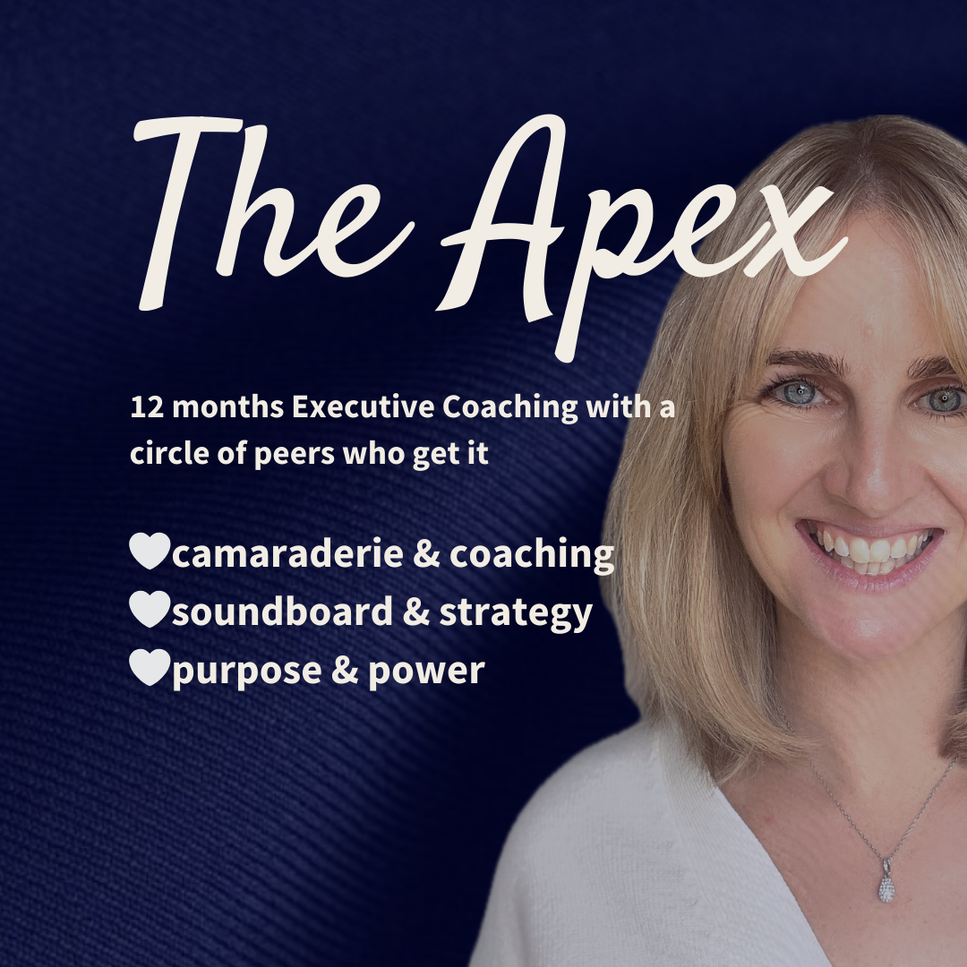 Promotional image for The Apex, featuring a smiling woman with blonde hair and blue eyes, with text about 12 months executive coaching program, emphasizing camaraderie, soundboard, strategy, purpose, and power.