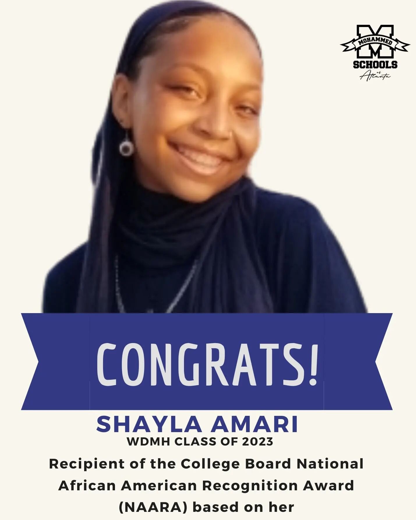 Senior Shayla Amari is recipient of the College Board National African American Recognition Award (NAARA). What an achievement.  She reverberate this award based on her PSAT and SAT scores from last school year.  Congrats, Shayla!