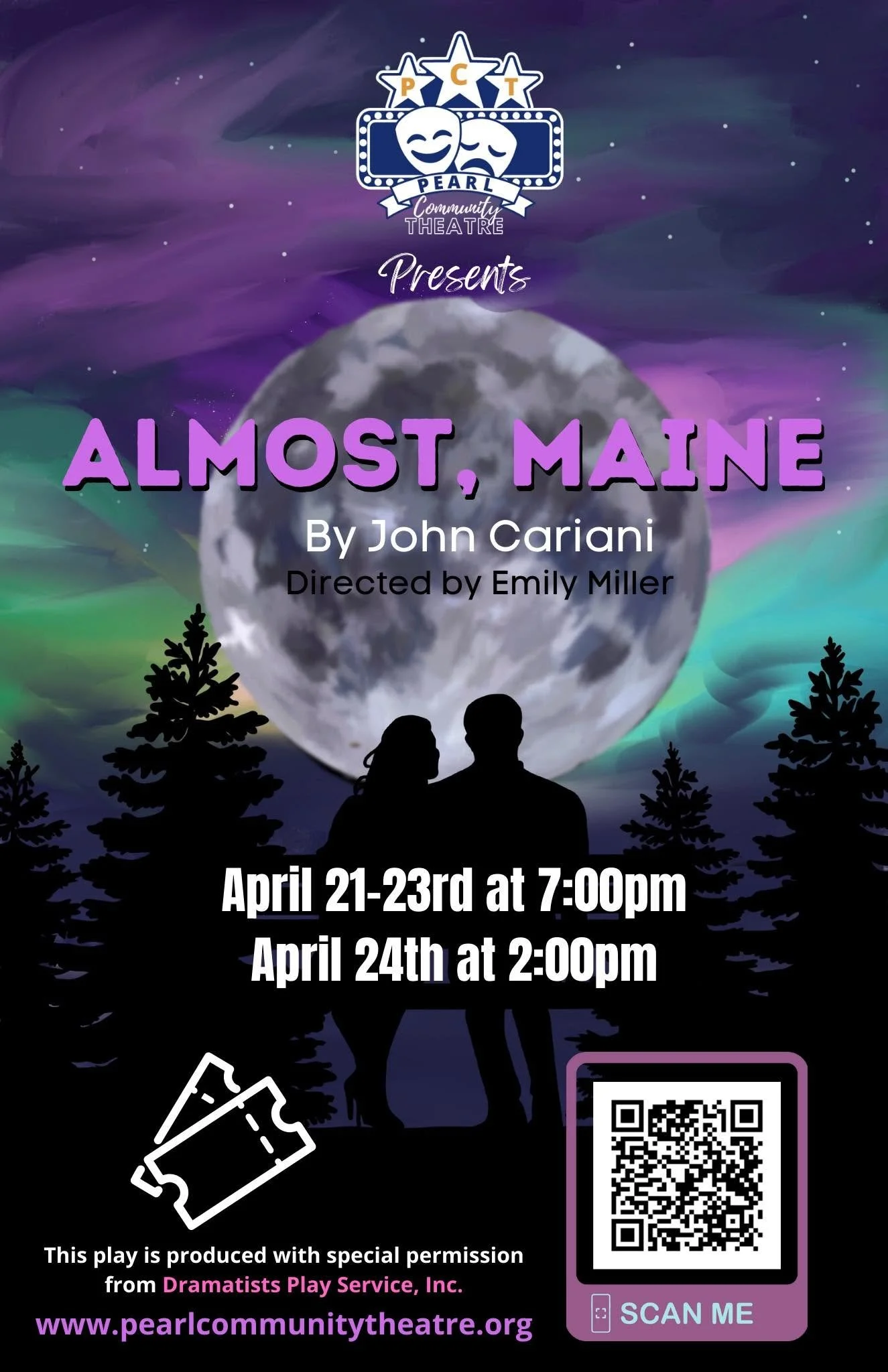 Poster for Pearl Community Theatre's production of 'Almost, Maine' by John Cariani, directed by Emily Miller. Dates are April 21-23 at 7:00 pm and April 24 at 2:00 pm. The poster features a night sky, full moon, silhouette of a couple holding hands, and pine trees, with a QR code and ticket icon at the bottom.