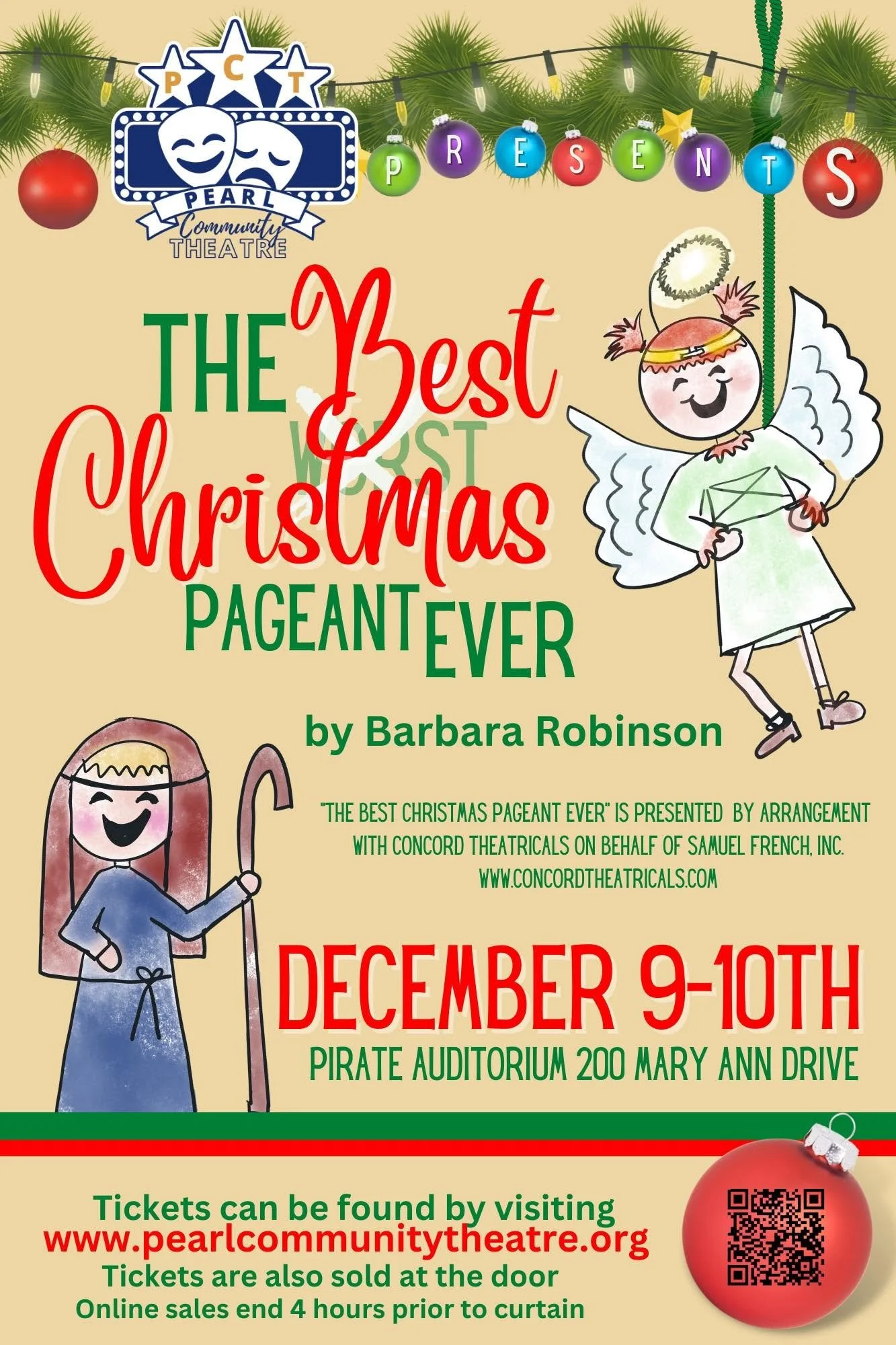 Promotional poster for a Christmas pageant titled 'The Best Christmas Pageant Ever' by Barbara Robinson, scheduled for December 9-10 at the Pirate Auditorium 200 Mary Ann Drive. Contains Christmas-themed decorations, including ornaments, string lights, and cartoons of angels, with details on tickets and event location.