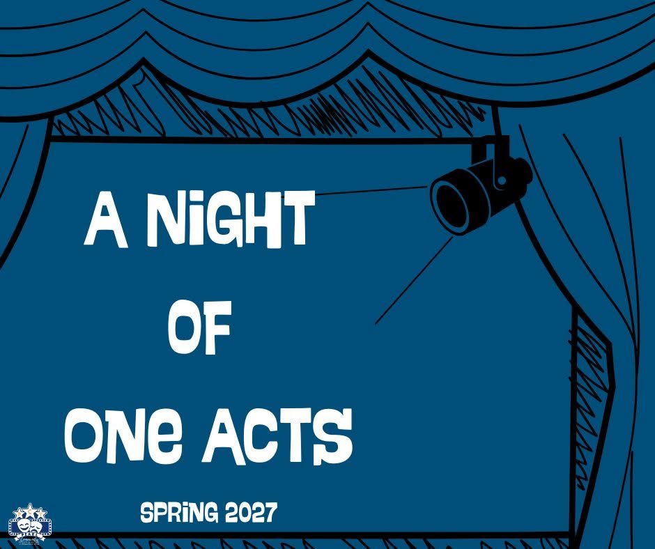 Stage with curtains drawn back, a spotlight hanging above, and a poster that reads "A Night of One Acts" with "Spring 2027" at the bottom.
