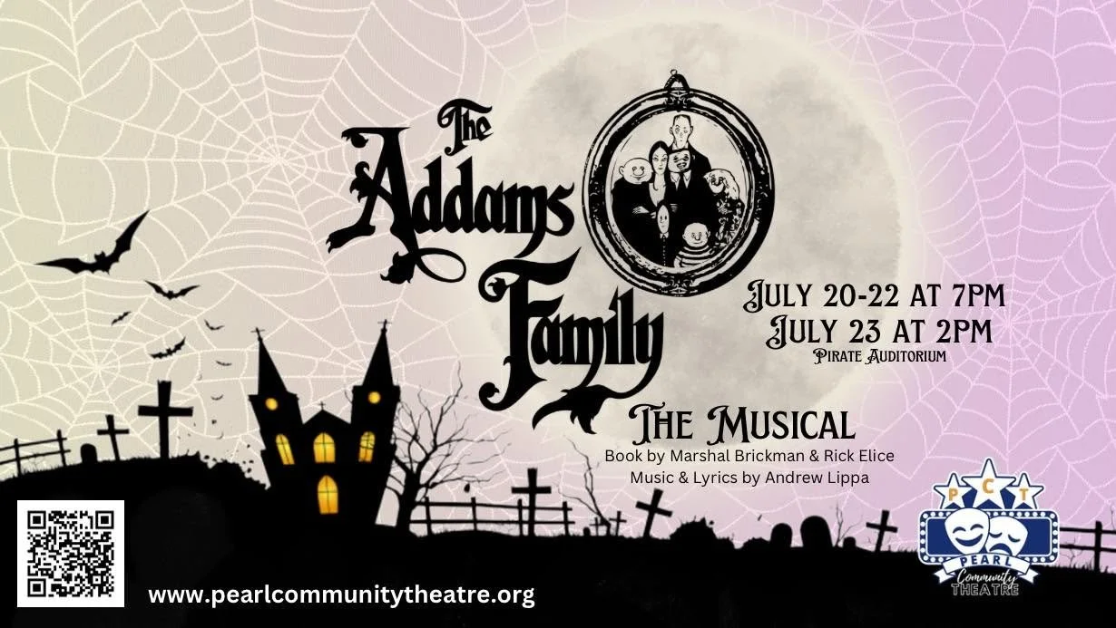 A promotional poster for a musical called The Addams Family, featuring spooky Halloween-themed graphics like a haunted house, bats, graveyard, and spider webs. It includes show dates and times, a QR code, and a website link.