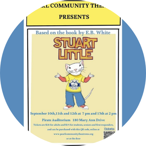 Event poster featuring Stuart Little illustration, with event details and dates at Pirate Auditorium, Mary Ann Drive.