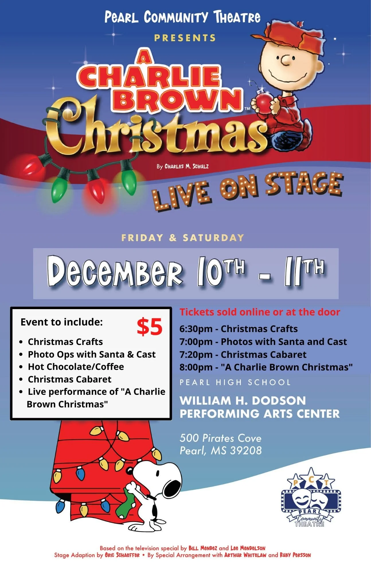 Event poster for 'A Charlie Brown Christmas' live on stage, presented by Pearl Community Theatre at William H. Dodson Performing Arts Center, Pearl High School, Mississippi, December 10-11, with activities including Christmas crafts, photo ops with Santa, hot chocolate, and a Christmas cabaret.