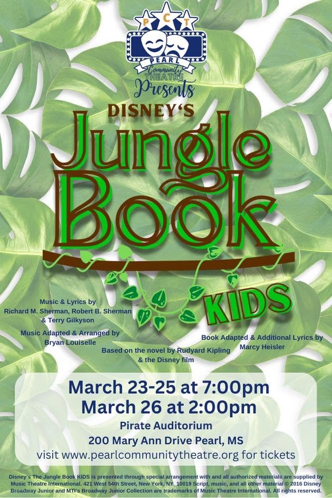 Poster for Disney's Jungle Book Kids theater production, showing green jungle leaves background with bold green and brown text, dates, times, venue, and Disney logo.