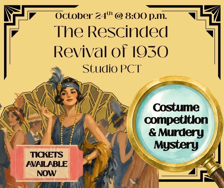 An event poster for a revival of 1930 featuring a costume contest and murder mystery, scheduled for October 24th at 8:00 p.m. at Studio PCT. The poster shows a woman in 1930s flapper attire with others dressed in similar vintage costumes, and a magnifying glass with text about the activities.