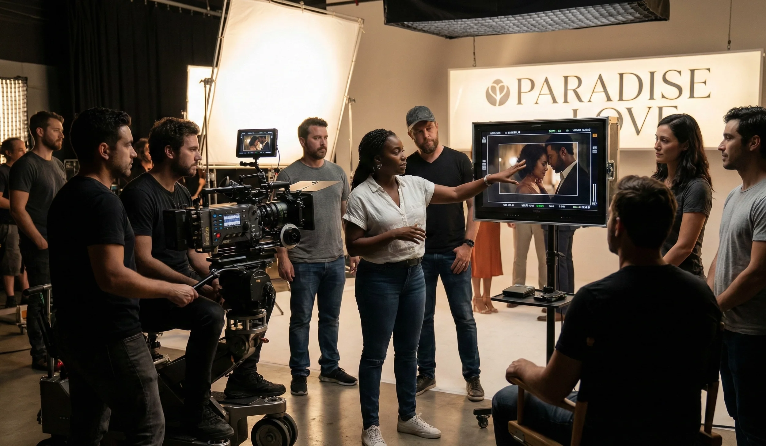 Professional diverse film crew on a high-end video production set led by a minority-owned agency.