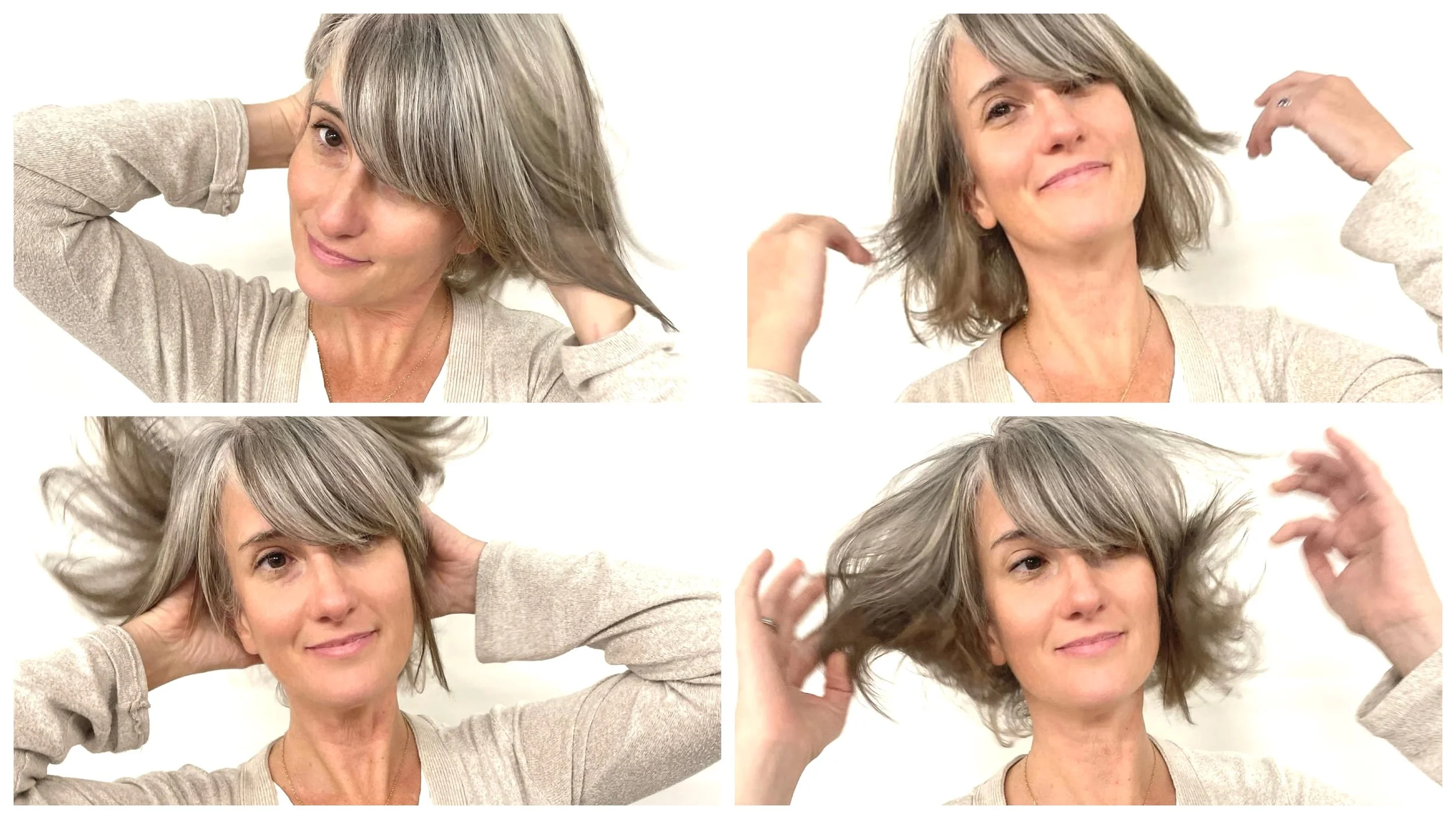 Here is an image of a woman who gray blended her silver hair into a layered bob
