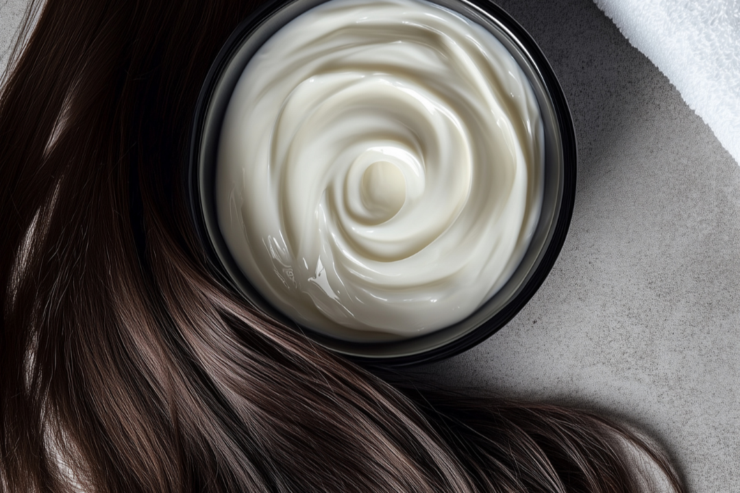 Here is an image of a length of brunette hair receiving a hair mask