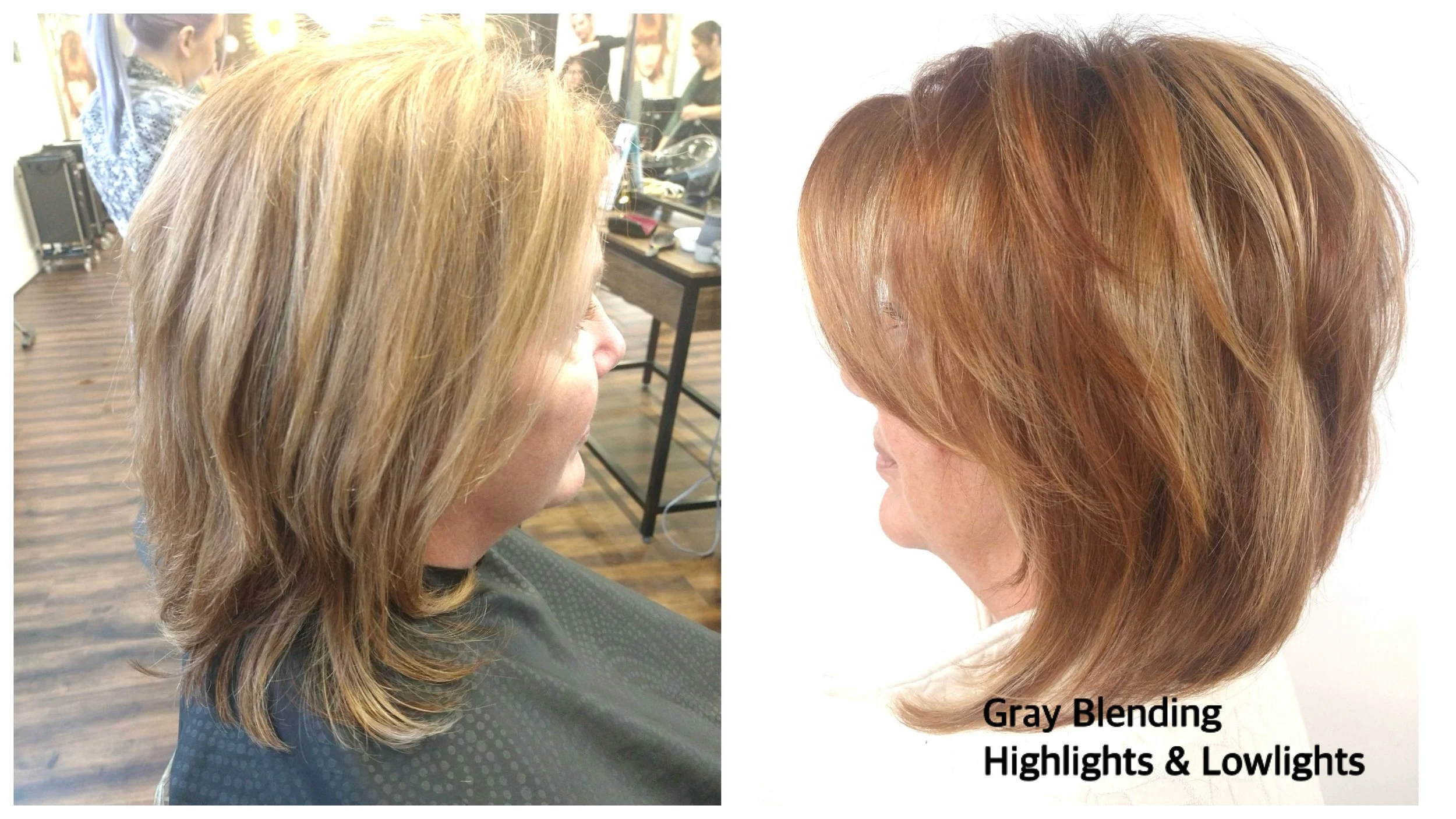 Think Gray-Blending is just for blondes? Think again! All colors can be blended. Here is an example of auburn gray blended hair