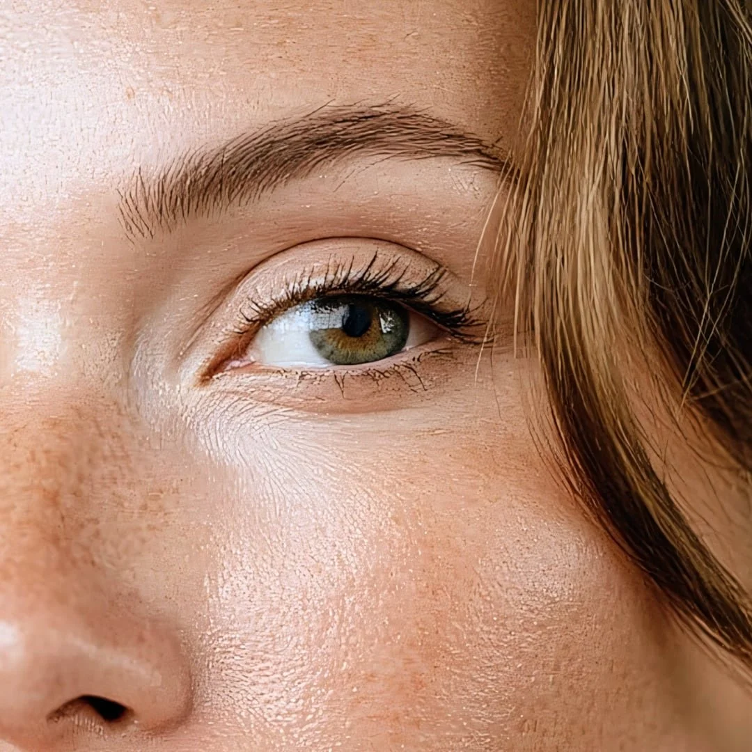 Here is an image of a client who got a lash lift and tint. Her brown eyes appear brighter and bigger and her lashes fuller and darker and curled. She has freckles and beautiful skin