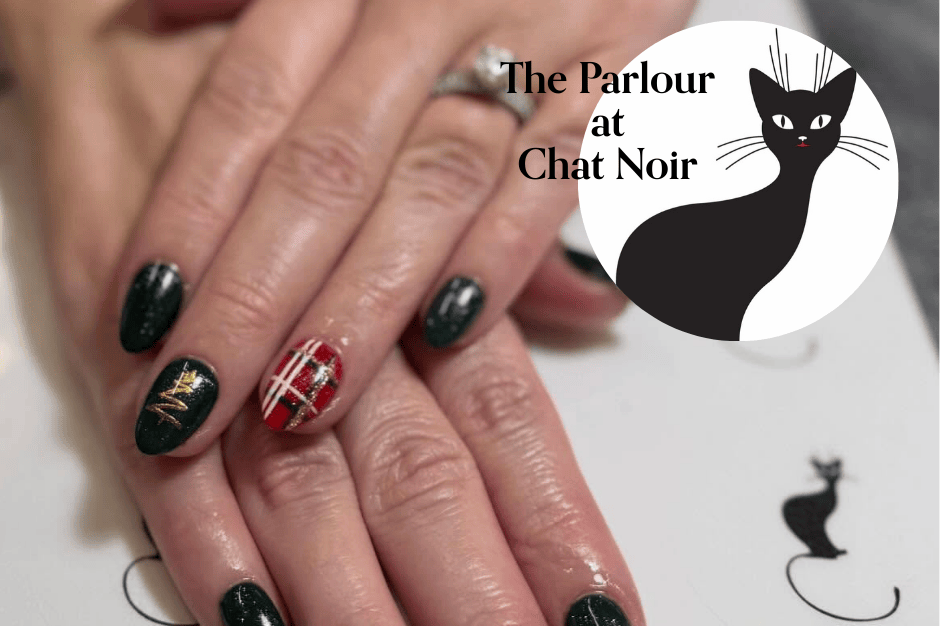 This is an image of beautiful holiday nails done in Medway, MA at Chat Noir