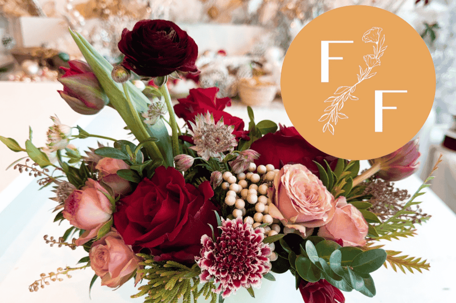 This is an image of crimson and peach and cream flowers from fiori and fern in Franklin, ma