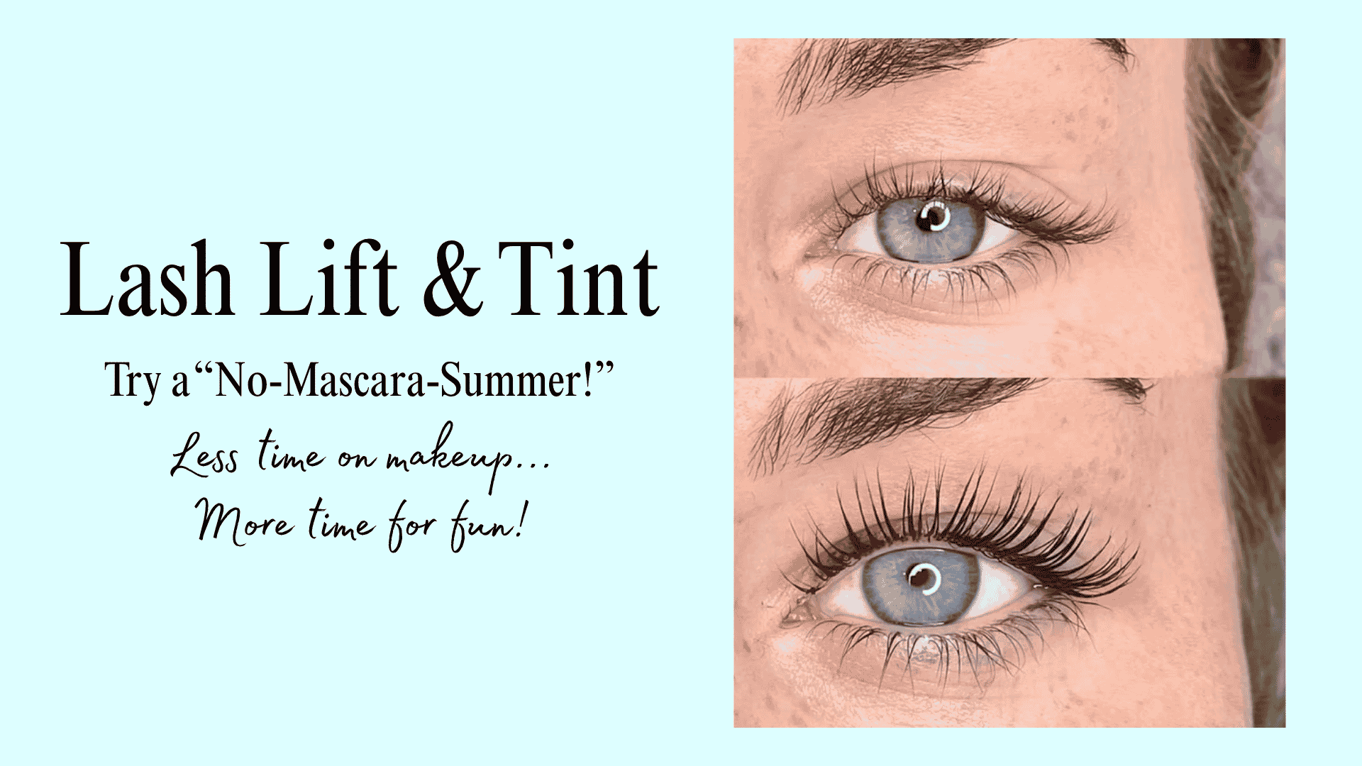 This is an image of a before and after lash lift and tint for a no makeup makeup look. so easy for summer
